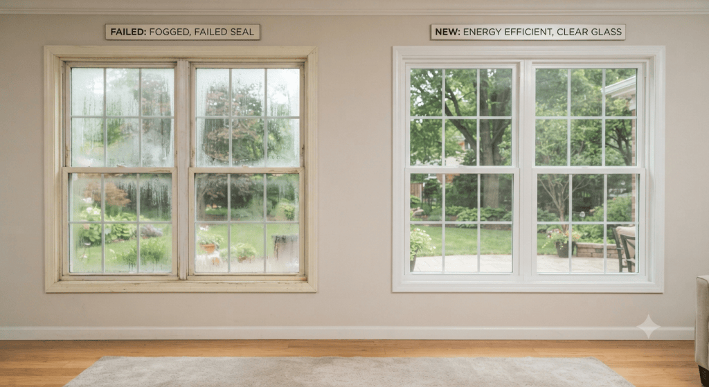 A side-by-side comparison showing a fogged, deteriorated double-pane window next to a new, clear energy-efficient replacement window