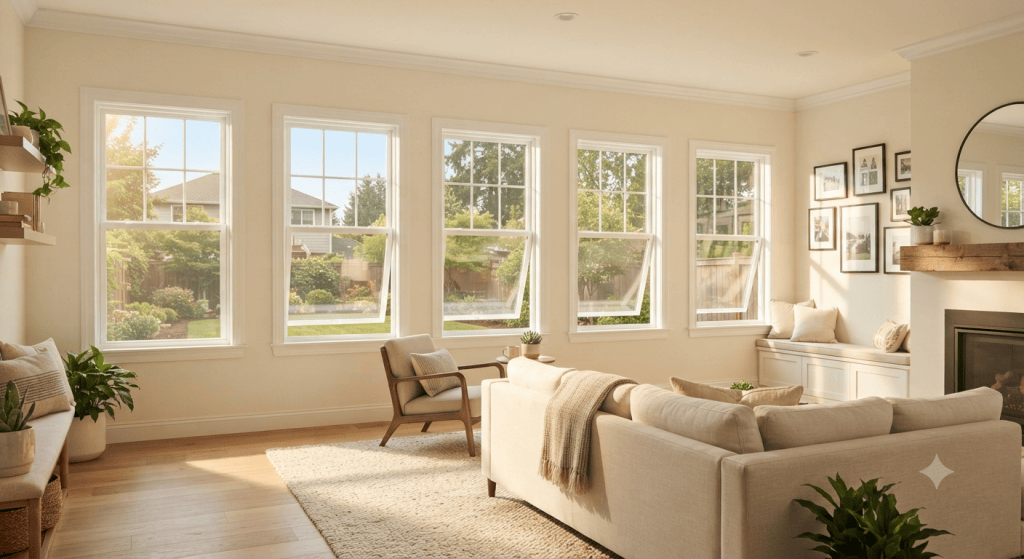 Chattanooga Window Installation Cost Guide | 2026 Local Pricing A living room interior showing multiple freshly installed double-hung vinyl windows with natural light streaming through, representing the finished result of a multi-window installation project