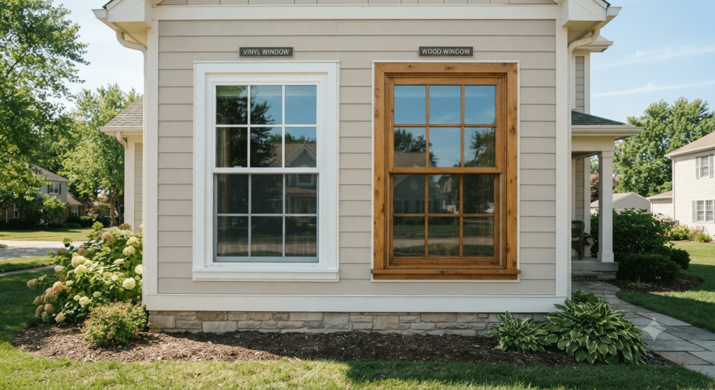 two windows side by side on a suburban house exterior, one vinyl and one wood frame, in natural daylight, shot from ground level 