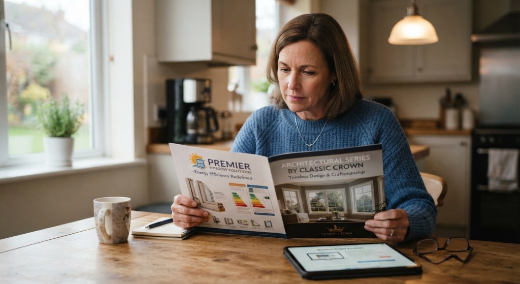 How to Choose Windows for Home Renovation: Complete Checklist homeowner sitting at a kitchen table comparing two window manufacturer brochures side by side, soft indoor lighting, shallow depth of field, realistic home setting.