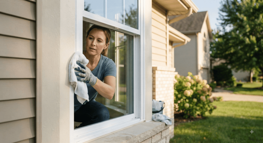 homeowner cleaning a white vinyl window frame with a soft cloth on a sunny day, suburban home exterior visible in background, natural daylight, eye-level angle