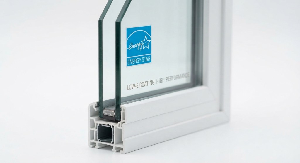 How to Choose Windows for Home Renovation: Complete Checklist double-pane window cross-section with a visible ENERGY STAR label and low-e coating notation, studio lighting, macro detail, white background.