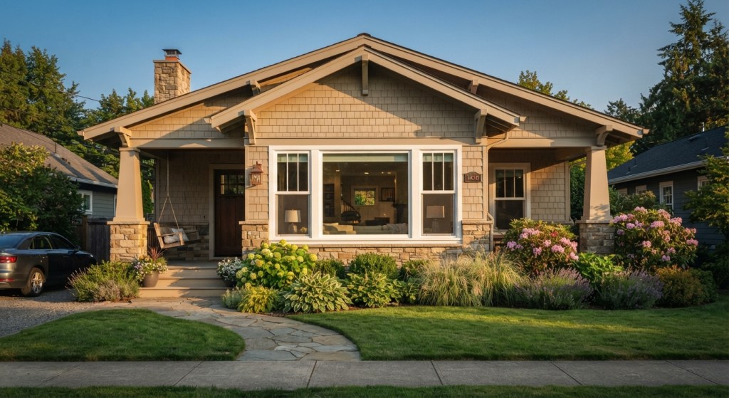 craftsman-style home exterior with a wide picture window flanked by double-hung windows, front yard landscaping, afternoon golden hour lighting, straight-on camera angle.