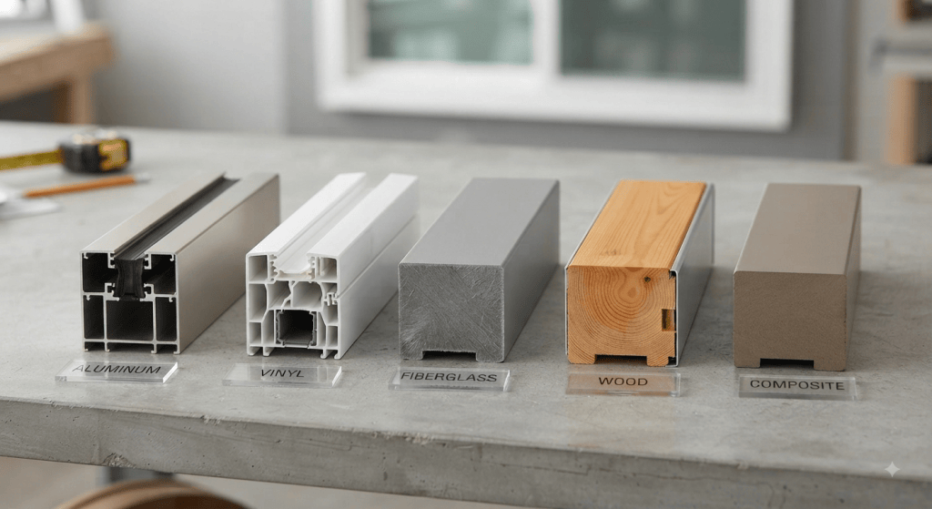  five window frame samples, aluminum, vinyl, fiberglass, wood, and composite, arranged side by side on a neutral gray workshop table in bright studio lighting, shot from a slightly elevated angle.