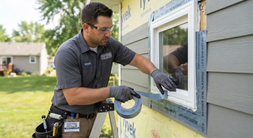 professional window installer applying weatherproof flashing tape around a window frame on a suburban home exterior, bright daylight, slight low-angle perspective showing detail work. 