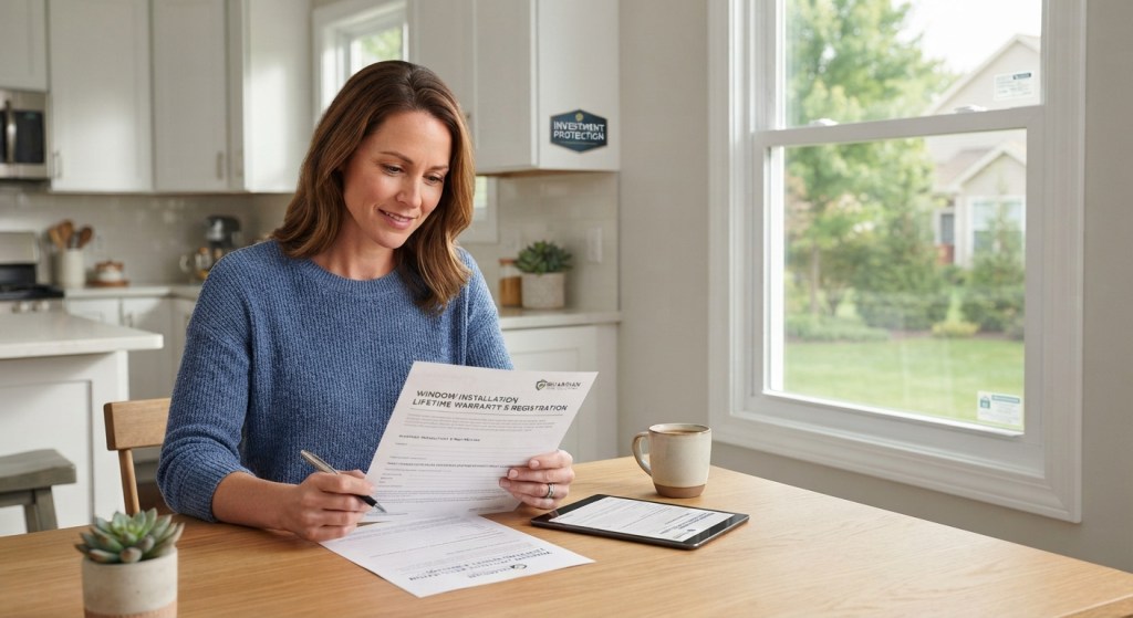 a homeowner sitting at a bright kitchen table reviewing printed warranty documents, newly installed white double-hung windows visible in the background, natural daylight, eye-level angle.