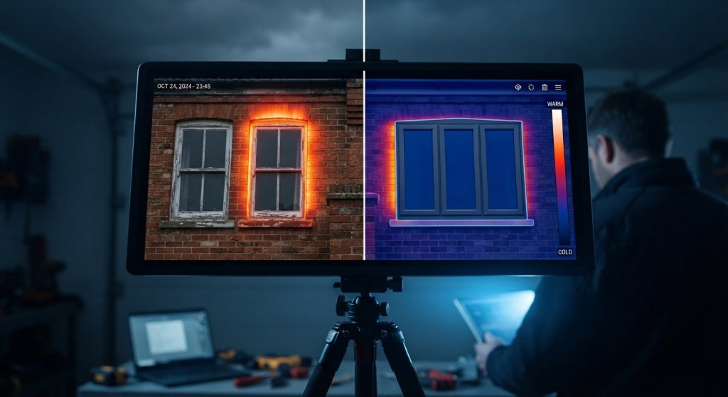 a split thermal imaging display showing orange and red heat loss areas around old windows on a home exterior, dark background, dramatic lighting contrast. 

