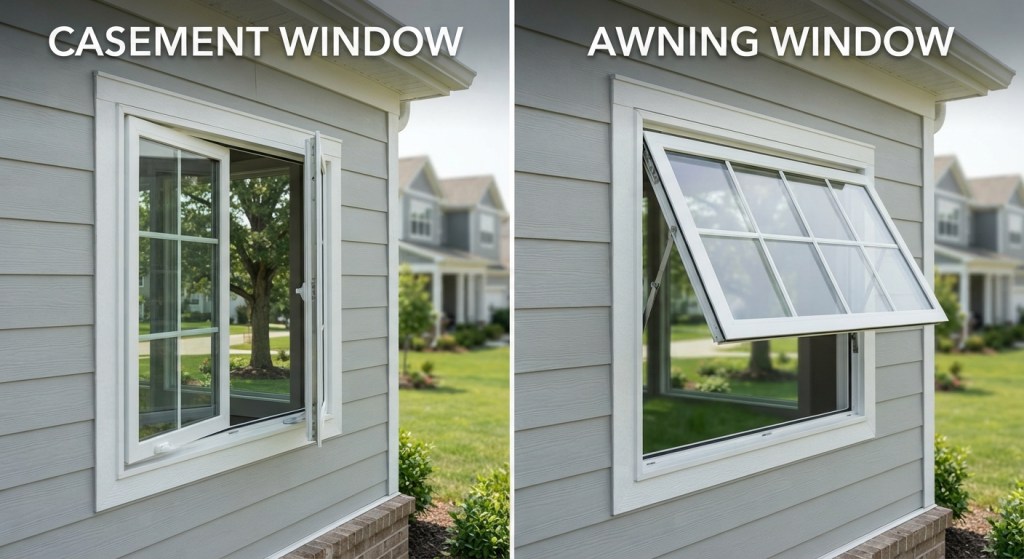 split-frame image comparing a white casement window (open, hinged at side) and a white awning window (open, hinged at top) installed in modern suburban homes, bright midday light, clean exterior siding visible