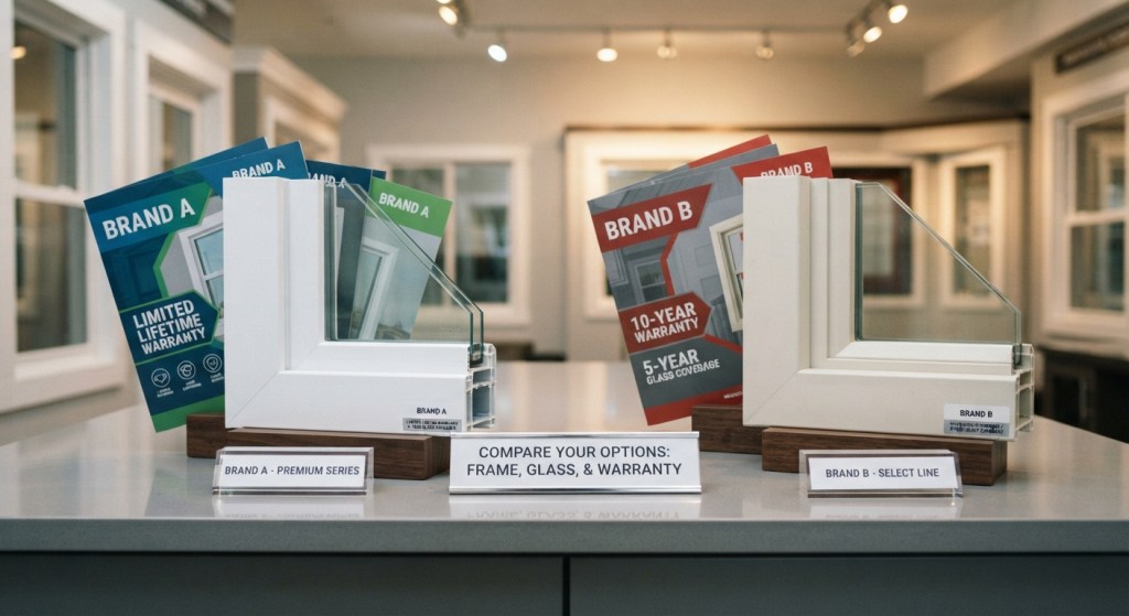 two vinyl window frame samples placed side by side on a modern showroom counter with branded brochures behind them, bright indoor lighting, straight-on angle.