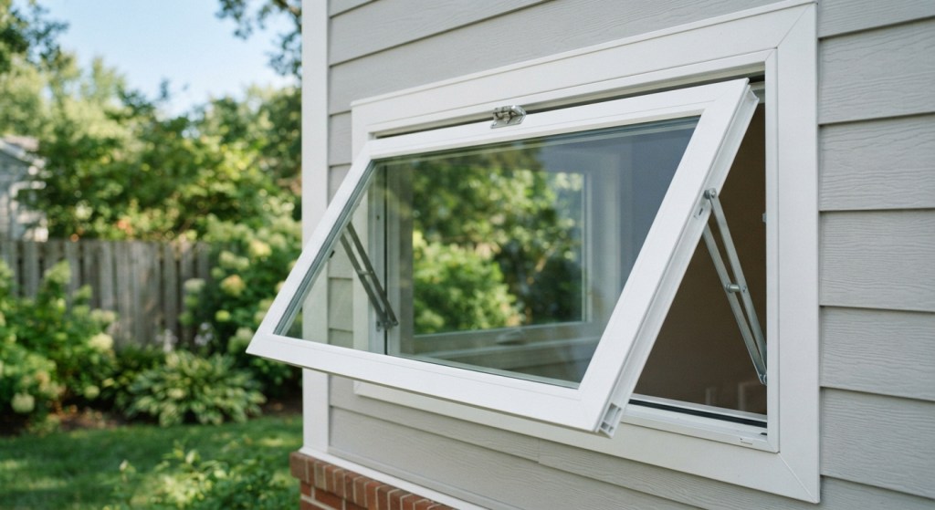 white vinyl awning window on a contemporary suburban home, slightly open, with natural daylight and green foliage in the background